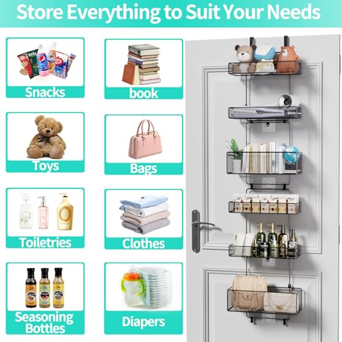 HapiRm Over Door Organizer Storage - Separable Door Organizer Hanging with 6 Metal Large Capacity Baskets for Bathroom Bedroom Kitchen Pantry Closet (Black) HapiRm