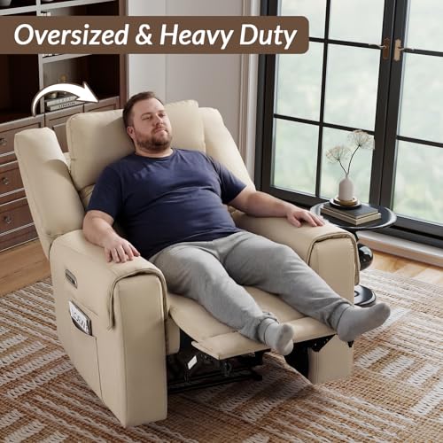 ANJ Top-Grain Genuine Leather Power Recliners for Adults, Dual Motor Electric Recliner Chairs with Power Headrest & 2 Cup Holders, Overstuffed Heavy Duty Reclining Sofa for Living Room Bedroom, Beige