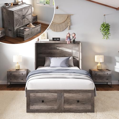 LUXOAK Twin Murphy Bed with Built-in Charging Station and Storage Drawer, Farmhouse Foldable Cabinet Bed for Guest Room, Apartment or Home Office, Rustic Grey LUXOAK