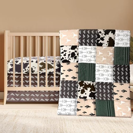 Hahafelt 3 Piece Patchwork Western Crib Bedding Set for Boys Girls Cow Cactus Print Baby Bedding Barnyard Western Nursery Decor Soft Baby Bed Set Includes Quilt Fitted Crib Sheet Bed Skirt(Cowboys) Hahafelt