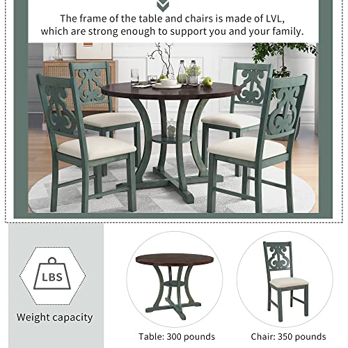 Merax 5 Piece Round Dining Table Set 4 Retro Chairs with Special-Shaped Table Legs, Exquisitely Designed Hollow Chair Back for Dining Room, Antique Blue Merax
