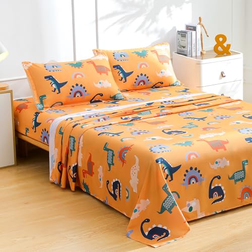IngeCrafts Cartoon Dinosaur Kids Sheet Set Full Size - Orange Dinosaur & Rainbow Bed Sheet Set 4 Piece, Soft Microfiber Cartoon Dino Bedding with Deep Pocket IngeCrafts