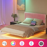 ARFARLY Floating Full Size Bed Frame with Headboard and LED Lights Upholstered Metal Platform Bed Frame Full with Charging Station No Box Spring Needed Easy to Assemble Pink ARFARLY