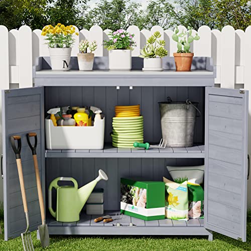 Gizoon Outdoor Potting Bench with Metal Tabletop, Outdoor Garden Patio Wooden Storage Cabinet with Adjustable Shelf, Double Doors Garden Work Bench for Backyard, Patio, Lawn - Grey - WoodArtSupply