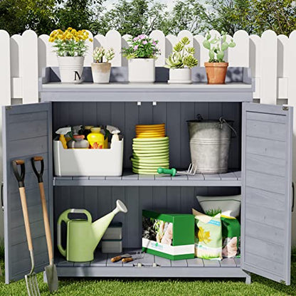 Gizoon Outdoor Potting Bench with Metal Tabletop, Outdoor Garden Patio Wooden Storage Cabinet with Adjustable Shelf, Double Doors Garden Work Bench for Backyard, Patio, Lawn - Grey - WoodArtSupply