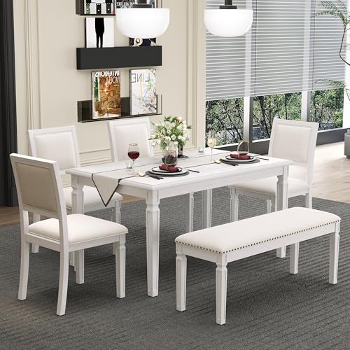 Merax Farmhouse Wooden Dining Set of 6, 72 Inch Extendable Kitchen Table, 4 Chairs w/Backrest, 2-Person Bench w/Cushion, Rustic Kitchen Table Set w/Distressed Finish & Carved Legs, Washed White Merax