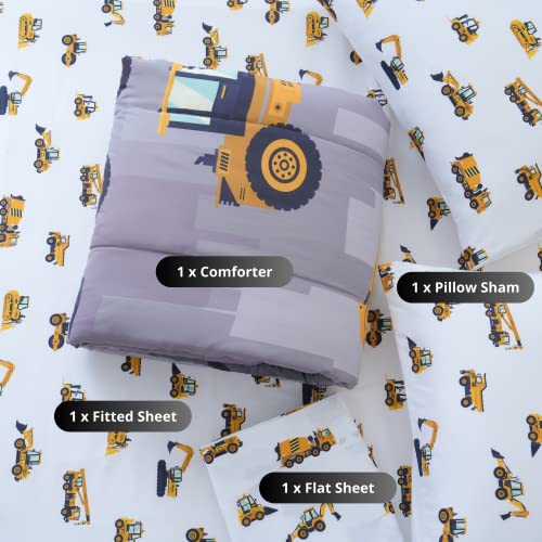Cokouchyi Twin Size Comforter Set for Boys, 4-Piece Bed in a Bag, 3D Construction Bedding Comforter Sheet Set, Ultra Soft and Fluffy, Cartoon Truck Cars Cokouchyi