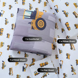 Cokouchyi Twin Size Comforter Set for Boys, 4-Piece Bed in a Bag, 3D Construction Bedding Comforter Sheet Set, Ultra Soft and Fluffy, Cartoon Truck Cars Cokouchyi