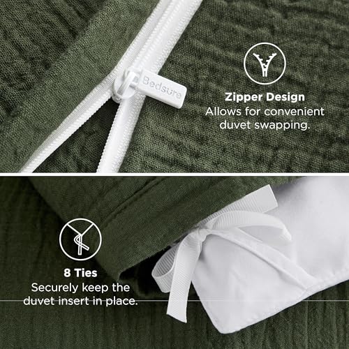 Bedsure 100% Muslin Cotton Duvet Cover Queen Size - Ultra-Soft, Breathable & Lightweight - Linen Like Gauze Comforter Cover Set with Button Closure and Corner Ties (Olive Green, Queen, 90"x90") Bedsure