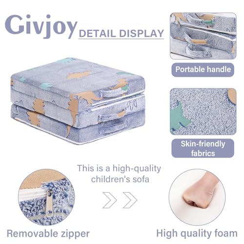 Givjoy Foldable Floor Mattress for Kids, Glow in The Dark Dinosaur Toddler Washable Folding Floor Mat for Nap Daycare, Child Trifold Futon Sofa Bed with Storage Bag for Playroom Girls and Boys Blue Givjoy
