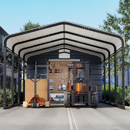 EROMMY 12x25 FT Carport Storage Shed 2-in-1, Heavy Duty Car Port with Galvanized Metal Frame, Base-Reinforced Enclosed Storage Shelter, Extended Coverage for Trucks, Cars & All Vehicles, Gray EROMMY