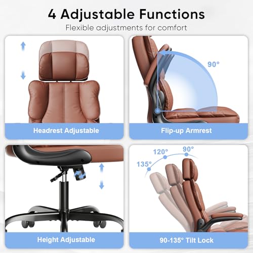 Kensaker Executive Leather Office Chair, Computer Chair with Thick Cushion & Lumbar Support, Ergonomic Desk Chair with Adjustable Headrest & Armrests,Brown Kensaker