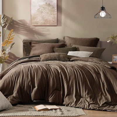 Monbix King Size Comforter Set, Chocolate Brown King Bedding Set Reversible, King Comforter Set 7 Pieces, Cationic Dyeing Bed in a Bag with Comforter, Sheets, Pillowcases & Shams