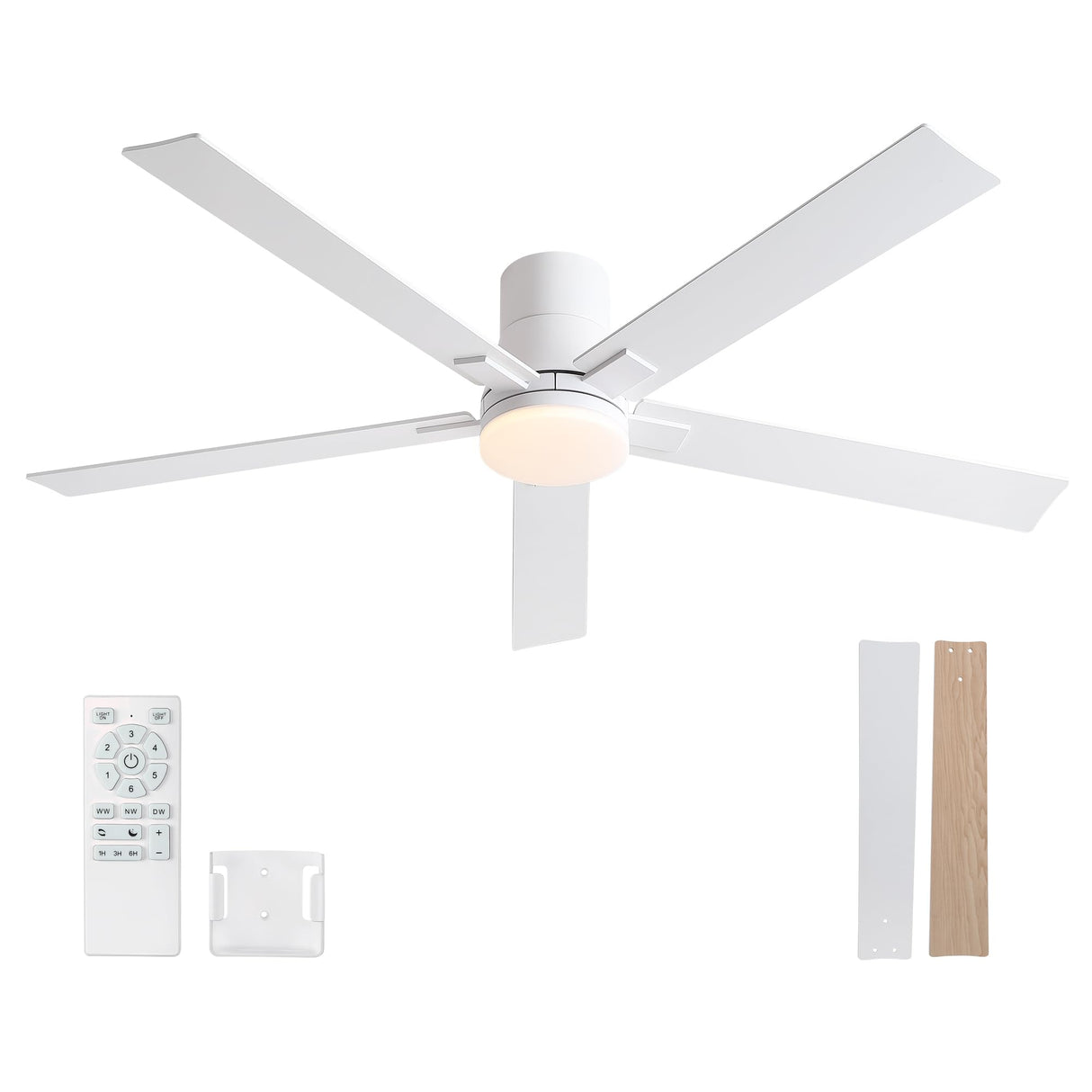 Rayqueen 60 Inch Ceiling Fans with Lights and Remote,Flush Mount White Ceiling Fan with 5 Dual Sided Blades,6 Speed Reversible DC Motor,3CCT Dimmable LED-Low Profile Design for Indoor or Covered Patio Rayqueen