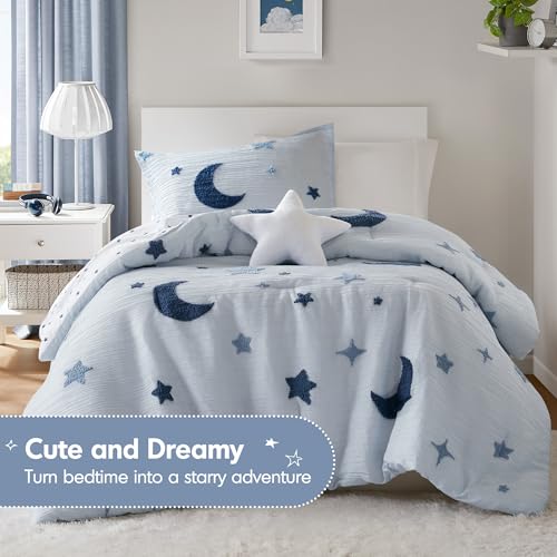 Intelligent Design Kids Cosmos Twin Size Comforter Set – Blue Star and Moon Tufted Chenille, Reversible 3-Piece Bedding with Star Pillow Intelligent Design