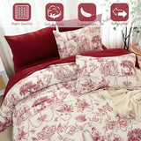 Xruibed Red Comforter Set King 7 Piece Bed in a Bag Toile de Jouy Botanical Comforter with Sheet Set Soft Micorfiber Bedding Set (1 Comforter,2 Pillow Shams,1 Flat Sheet,1 Fitted Sheet,2 Pillowcases) Xruibed