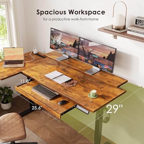 OffiGo 55 Inch L Shaped Electric Standing Desk with Keyboard Tray, Reversible Height Adjustable Corner Computer Desk with Monitor Stand, Sit Stand Up Lift Table for Home, Office, Rustic Brown OffiGo