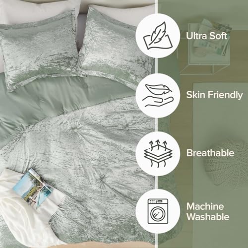 Comfort Spaces Luxe Queen Comforter Set Velvet Comforters for Queen Size Bed, Microfiber Reverse, Juliette, All Season Velvet Bedding Queen Size, Fluffy Bed Set, Sham, Full/Queen, Sage Green 3 Piece Comfort Spaces