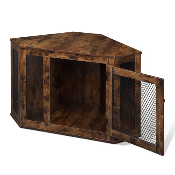 NovaXZ HOBBYZOO Furniture Corner Dog Crate, Lockable Doors, Dog Kennel with Wood and Mesh, Dog Crate for Small/Medium Dogs, Pet Crate Furniture, Dog House, Side End Table, Indoor Use, Rustic Brown