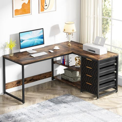 Tribesigns L Shaped Computer Desk with Storage Drawers, 59 inch Corner Desk with Shelves, Reversible L-Shaped Office Desk Study Writing Table Workstation for Home Office, Brown - WoodArtSupply