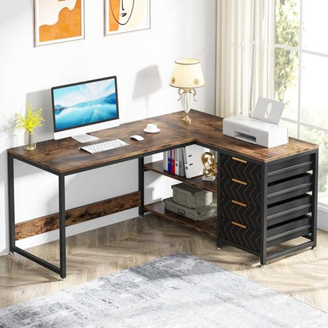 Tribesigns L Shaped Computer Desk with Storage Drawers, 59 inch Corner Desk with Shelves, Reversible L-Shaped Office Desk Study Writing Table Workstation for Home Office, Brown Tribesigns