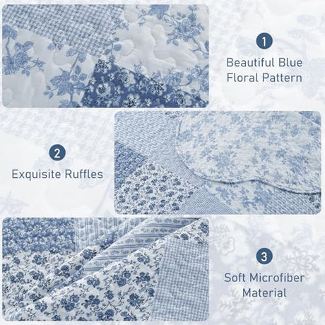 GOONE King Quilt Set 104x90 Inches, Blue Floral Boho Bedspread Farmhouse Quilting Bedding Set, Lightweight Washed Coverlet Set, Reversible Bed Cover, Quilt King Size with 2 Pillow Shams All-Season GOONE