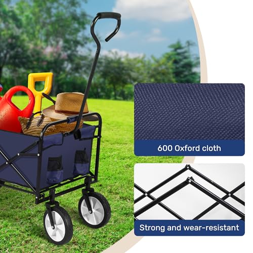 YSSOA Rolling Collapsible Garden Cart Camping Wagon, with 360 Degree Swivel Wheels & Adjustable Handle, 220lbs Weight Capacity,Blue