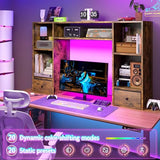REIBII Desktop Bookshelf with LED Lights,47.2" Desktop Organizer with 6 Shelves and 2 Drawers for Top of Desk,Multipurpose Desk Hutch Dorm with Adjustable Shelves for Home and Office,Rustic Brown REIBII