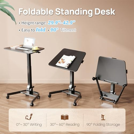 JYLH JOYSEEKER Foldable Mobile Standing Desk, Pneumatic Height Adjustable Rolling Sit Stand Desk, 90° Tiltable Portable Laptop Cart on Wheels, Mobile Desk Workstation for Home Office, Easy to Fold JYLH JOYSEEKER