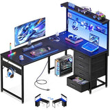 MOTPK 43” L Shaped Gaming Desk for Small Rooms, Compact Corner Computer Table with Shelf & Hutch, 4 Drawers, Reversible Study Desk with LED Light, Power Outlets & USB Ports, Home Office Table, Black MOTPK