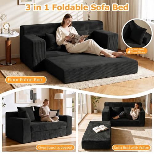 55" Small Boneless Couch, 3-in-1 Boneless Loveseat Sleeper Sofa Bed Convertible Sofa Bed with 4 Pillows, Black Corduroy Boneless Couch for Living Room, Guest Room, Small Space, No Assembly Required Winzoo