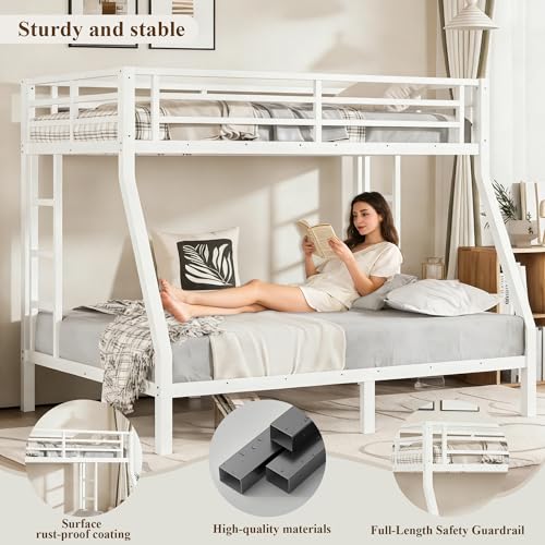 Twin over Full Metal Bunk Beds for Kids Teens Adults, Heavy-duty Metal Bunk Bed Frame with Guardrail, 2 Ladders & Under-bed Storage for Bedroom Guest Room Dorms, Space-saving/Noise-reduce, White Bellemave