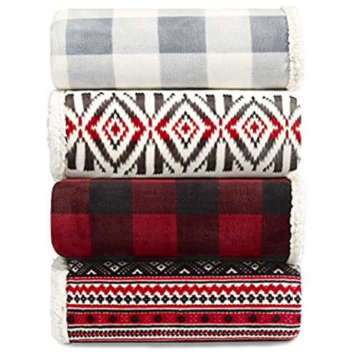 Eddie Bauer - Twin Size Blanket, Ultra-Soft Plush Bed Blanket with Faux Shearling Reverse, Oversized Bedding for Couch or Bed (Mountain Village Red) Eddie Bauer