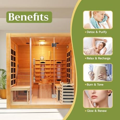 ZONEMEL Indoor Hybrid Sauna with Recliner, Canadian Hemlock Wooden Steam Infrared Sauna House for 2 or 3 People, 8mm Tempered Glass,9 Heaters, Full Spectrum & Carbon Plate & 6KW Harvia Heater, 220V ZONEMEL