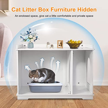 Pet Republic Hidden Cat Litter Box Enclosure Cat Litter Box Furniture Cat Washroom Cat House Table Nightstand (White) - WoodArtSupply