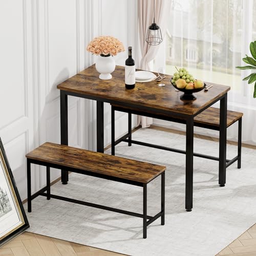 ROCKINGRUN Rustic Brown Bar Table Set with 2 Benches for 4 - Compact Dining Solution for Small Spaces - WoodArtSupply