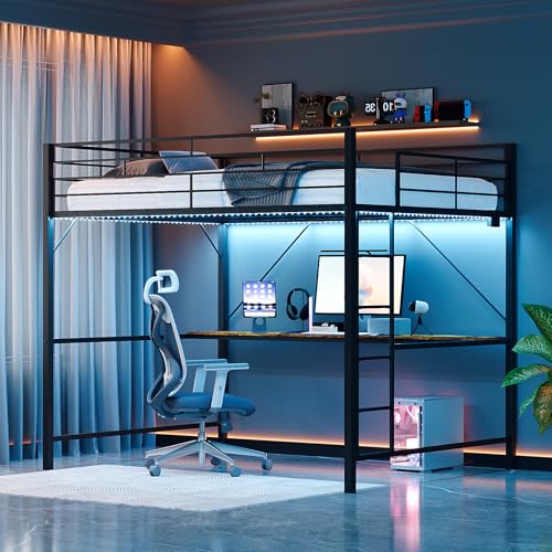 VINGLI Loft Bed Full Size with 15 Inches Extra Tall Guardrail, LED Lights and Desk Underneath, Industrial Metal Double High Sleeper with 2 Charging Stations and Flat Rung Steps, Space Saving,Black VINGLI