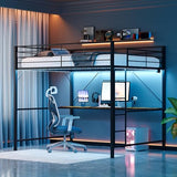 VINGLI Loft Bed Full Size with 15 Inches Extra Tall Guardrail, LED Lights and Desk Underneath, Industrial Metal Double High Sleeper with 2 Charging Stations and Flat Rung Steps, Space Saving,Black VINGLI