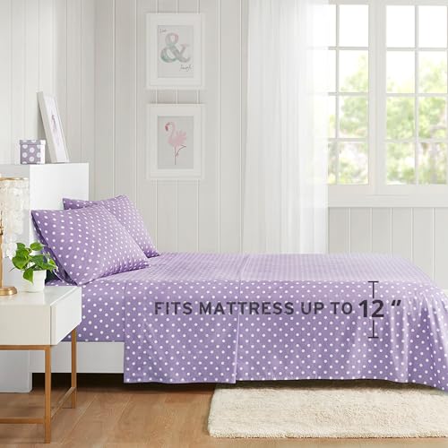 Intelligent Design Purple Twin Size Sheet Sets Kids Polka Dot Sheets for Girls 100% Cotton Percale Soft Flat and Fitted Sheet, Pillowcase, Breathable All Season Bed Set, Fits up to 14" Mattress Intelligent Design