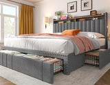 EnHomee King Size Bed Frame, Upholstered King Bed Frame with 4 Storage Drawers & 2-Tier Headboard Shelves, 1200LBS Heavy Duty, No Box Spring Needed, Easy Assembly, Grey EnHomee