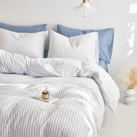 Wake In Cloud - Striped Cotton Duvet Cover Set, Ticking Stripe Vertical Pinstripe Farmhouse, 100% Washed Cotton Textured Percale Bedding Set, 3 Pieces, Blue White, Twin Size Wake In Cloud