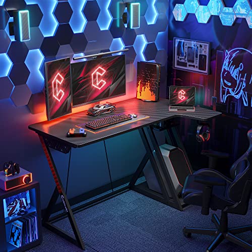 CubiCubi Aurora Gaming Desk with Carbon Fiber Surface, 40 Inch L Shaped Desk with Storage Shelves, Small Corner Computer Desk with Monitor Shelf, Gamer Desk PC Table, Black - WoodArtSupply