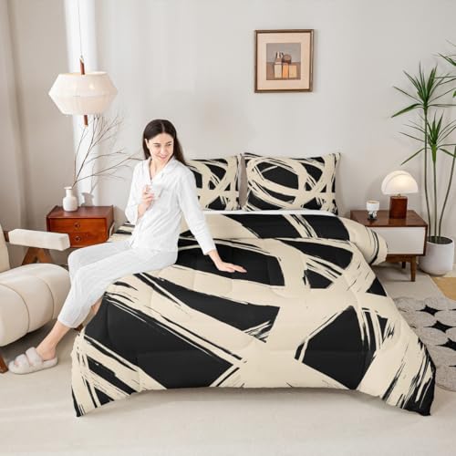 Erosebridal Beige and Black Abstarct Queen Comforter Set for Adult Women Men, Geometric Striped Bedding Set for Minimalists,Graffiti Aesthetic Lines Quilt,Contemporary Boho Modern Art Duvet Insert Erosebridal