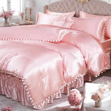 Bedorm Pink Satin Comforter Set 10 Pcs White Pom Pom Bedding Set Queen Size Super Soft Smooth Silk Like Silky Comforter Queen Bed in A Bag with Comforter & Sheet Set & Pillowcase & Bed Skirt Bedorm