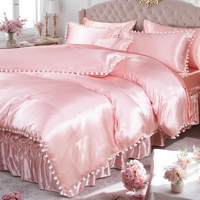 Bedorm Pink Satin Comforter Set 10 Pcs White Pom Pom Bedding Set Queen Size Super Soft Smooth Silk Like Silky Comforter Queen Bed in A Bag with Comforter & Sheet Set & Pillowcase & Bed Skirt