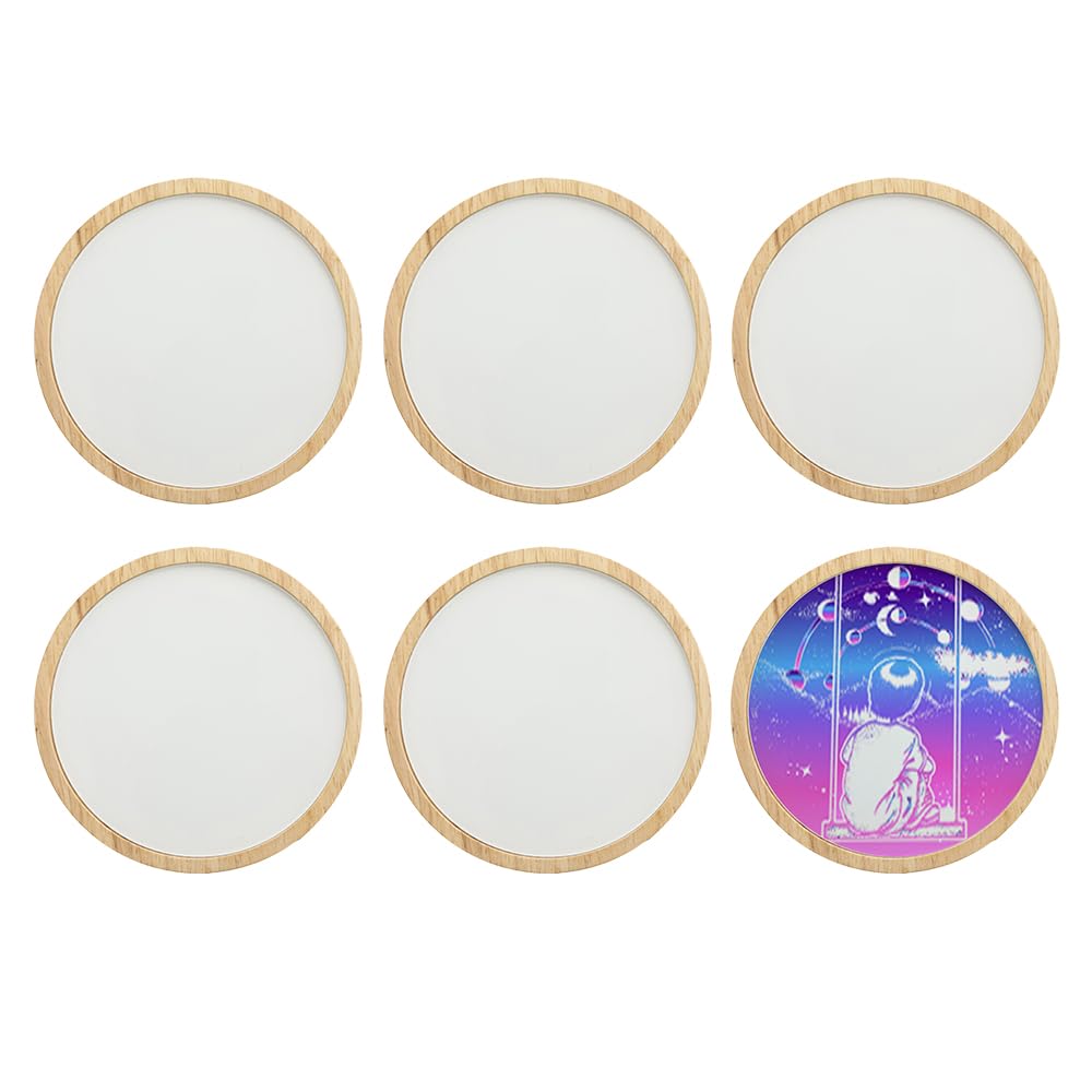 PYD Life 6 Pack Sublimation Night Lights Blanks LED Glass Photo Frames Panels White 3.5" Round with Warm Light,with 3.9" Round Wooden Display Base for Heat Press Machine Printing