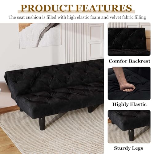 Anwick 3-in-1 Futon Sofa Bed, 66" Velvet Love Seat Sleeper Bed with Adjustable Backrest, Multifunctional Reclining Couch Sofas for Small Spaces, Living Room, Office, Guest Room (Black) Anwick