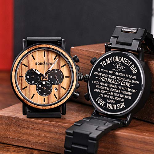 BOBO BIRD Mens Personalized Engraved Wooden Watches, Stylish Wood & Stainless Steel Combined Quartz Casual Wristwatches for Men Family Friends Customized Watch (A-for Dad from Son) - WoodArtSupply