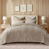 EVERGRACE Velvet Quilt Set Queen Size, Luxurious Soft Quilted Bedding Sets, Lightweight Velvet Comforter for All Season, Striped Channel Bedspread Coverlet with 2 Shams, Urban Taupe EVERGRACE