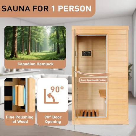 Lamar Far Infrared Sauna with Red Light Therapy, Low EMF Personal Sauna for Home, Canadian Hemlock Wood, Bluetooth Speakers, Digital Control Panel, Indoor Luxury Spa for House and Gym Lamar